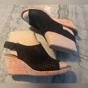 Rockport Briah Black Leather Perforated Cork Wedge Sandals Size 5